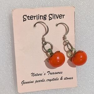 Super Cute Sterling Silver Handmade Glass Tomato Bead 1.25" Dangle Drop Earrings